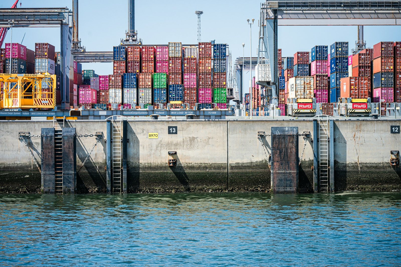 Shipping containers stacked along a commercial quay